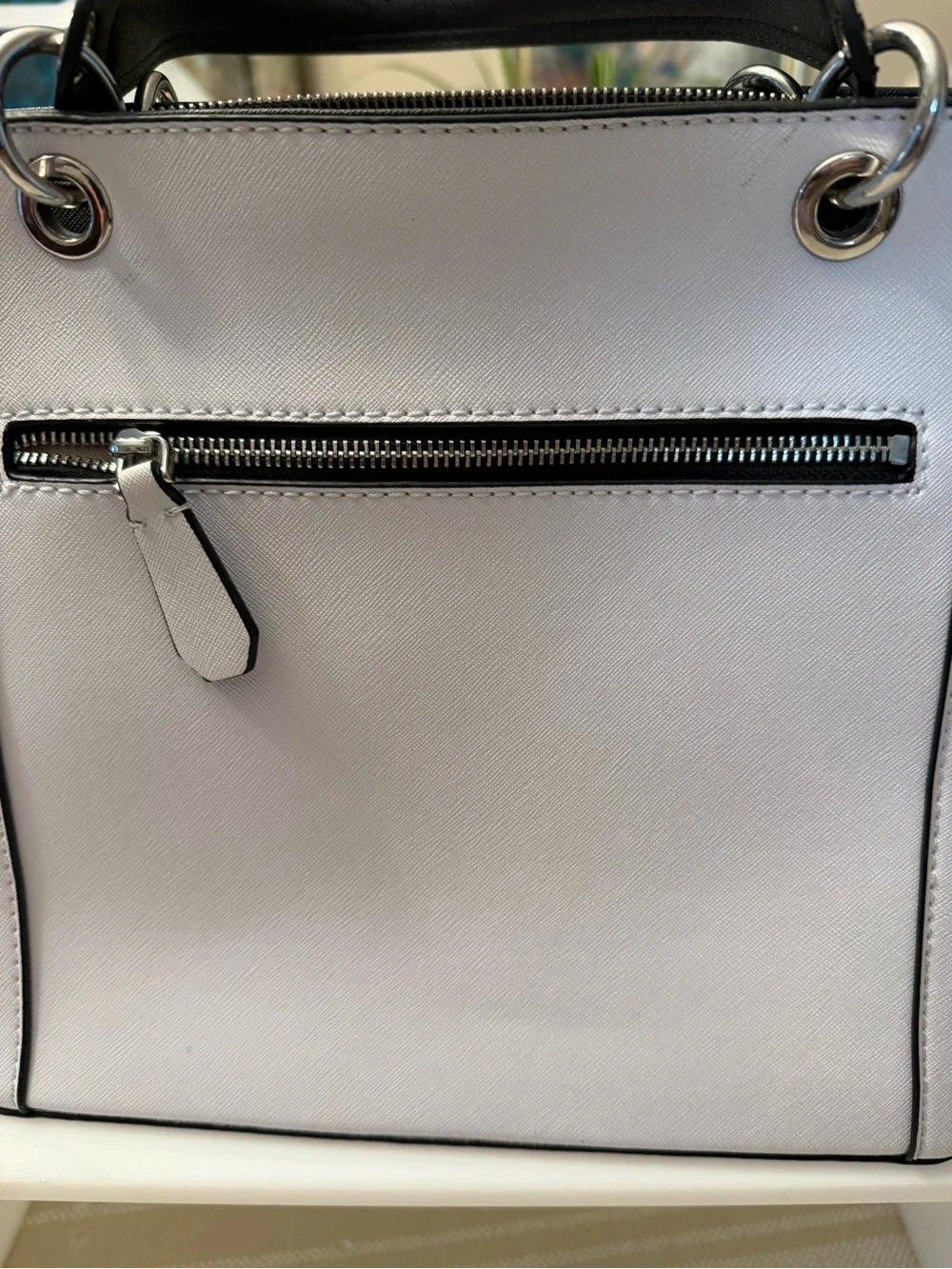 GUESS White Tote with Black Trim and Silver Hardware